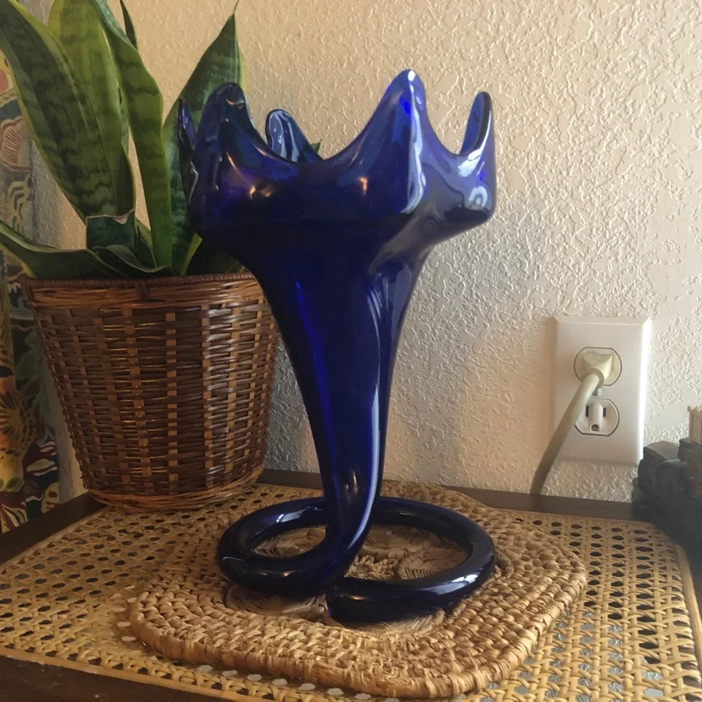 Handblown Large Flowering Cobalt Blue Coiled Vase Mid-Century Modern - Picture 1 of 14